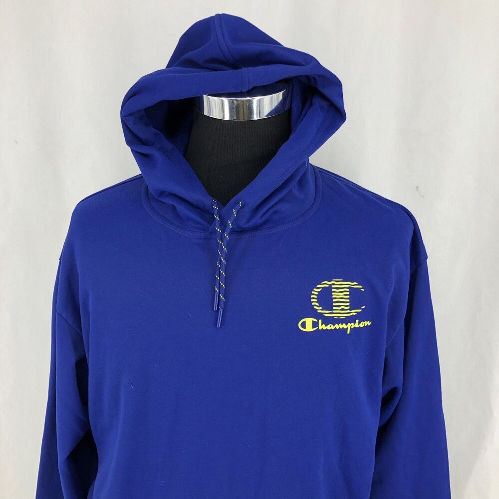 CHAMPION Game Day Graphic Logo Blue Fleece Pullover Hoodie Thumbholes Large